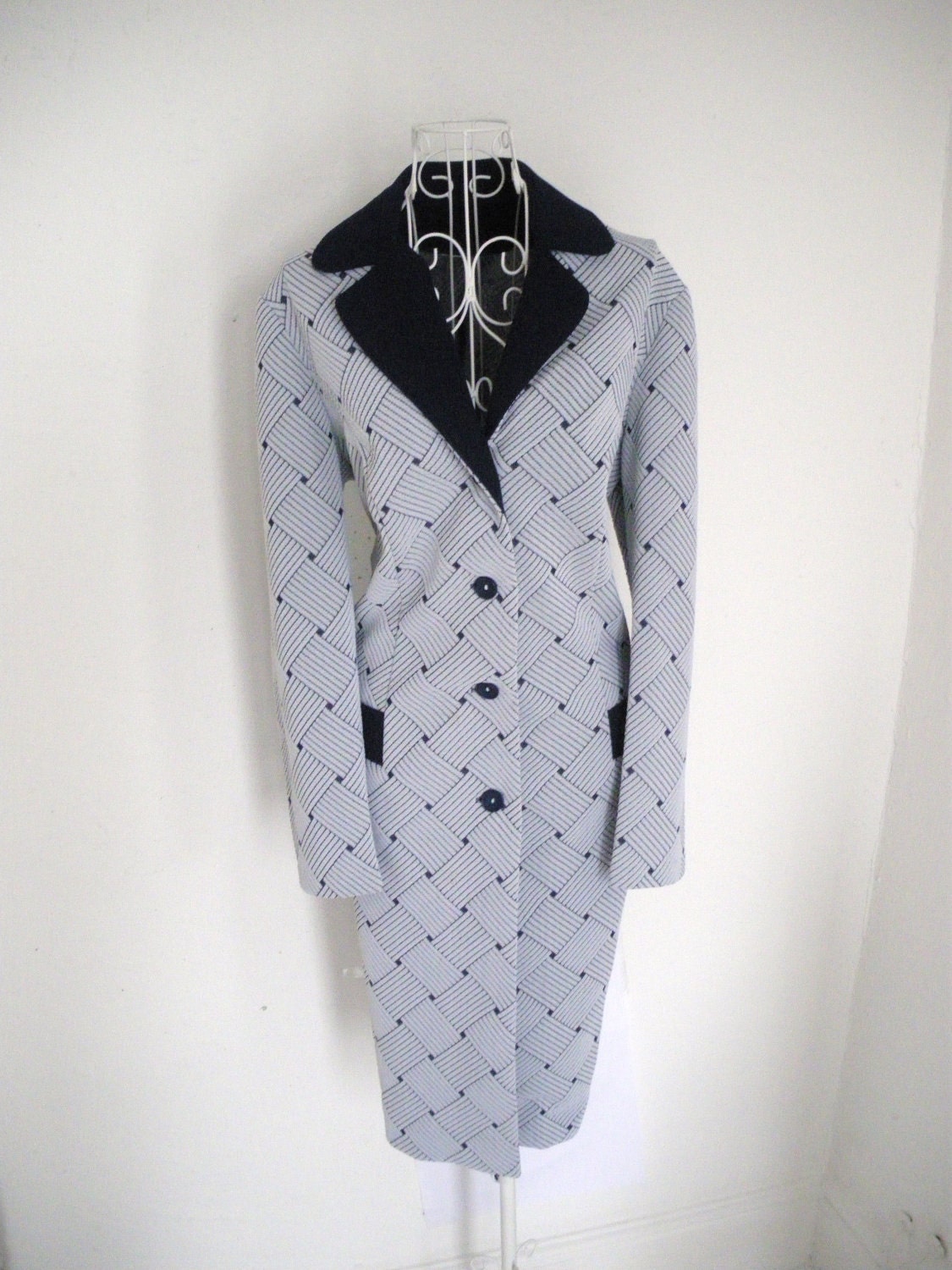 Vintage 70s do 40s 50s Kitsch Pin Up Nautical Day dress check Stripe blue white L