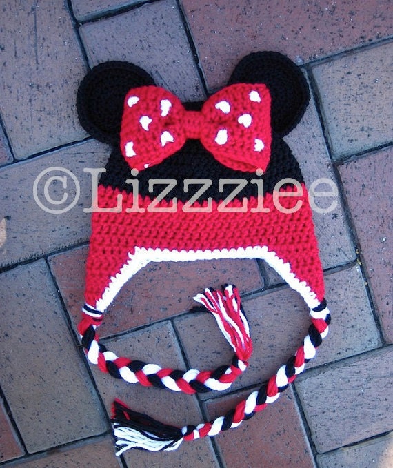 Minnie Mouse Stripe Crochet Beanie PDF Pattern  - fun to make for Disneyland Disneyworld trip - beanie, earflap, braids, ties