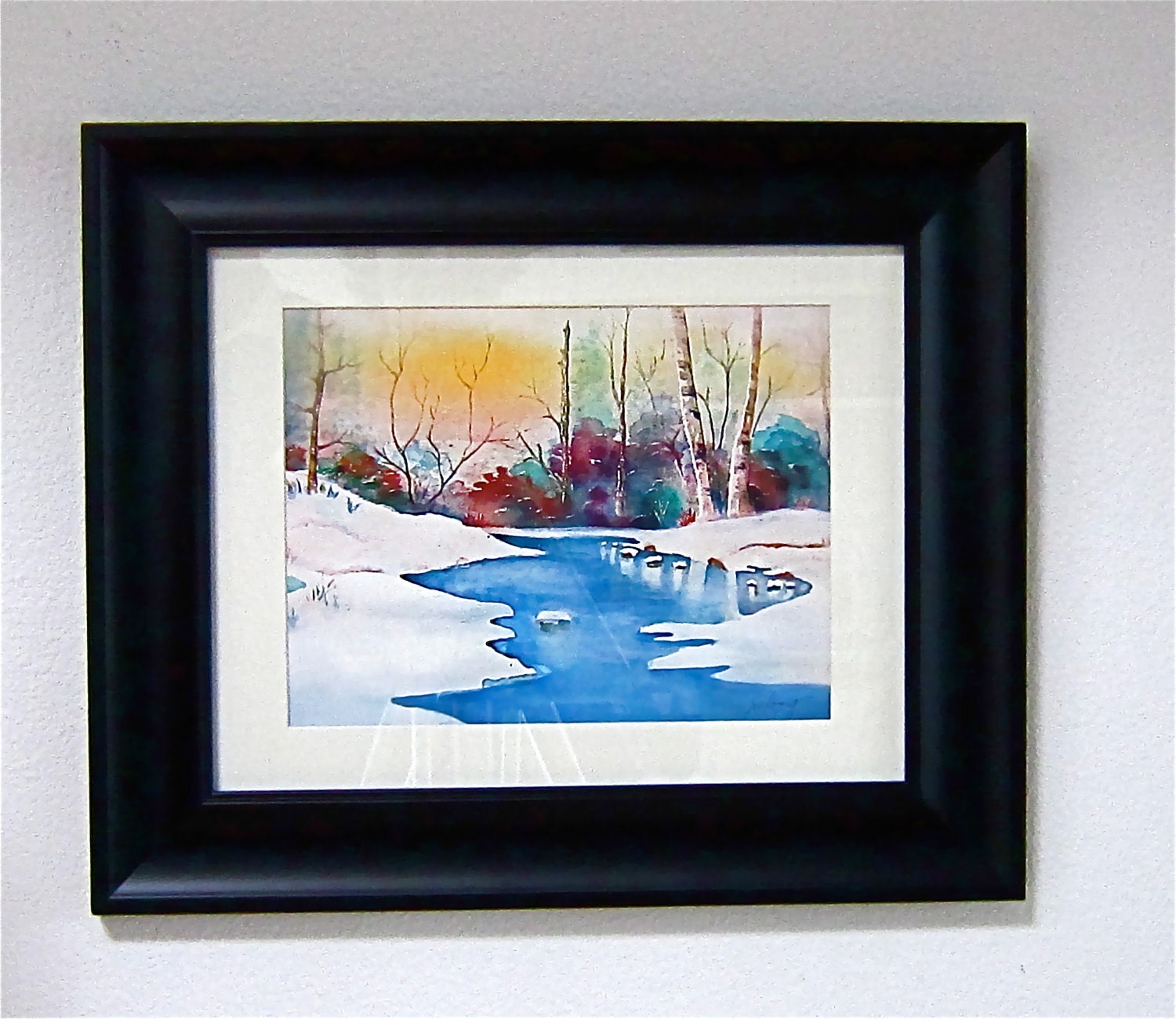 Watercolor Print Snowy River white snow blue river birch trees a yellow-orange glowing sunset green red burgundy foliage