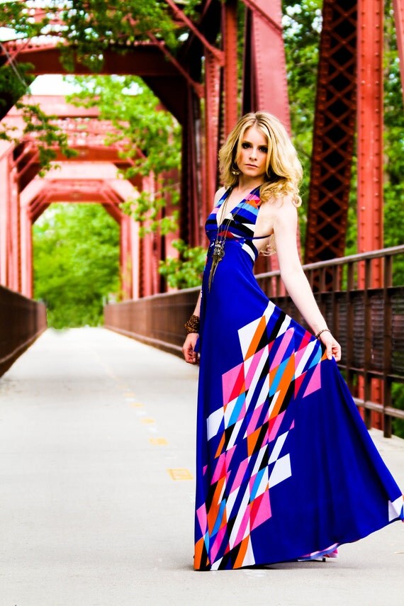 RESERVED for Wendy Jo Azure Aztec Braided Halter Jersey Glam Gown