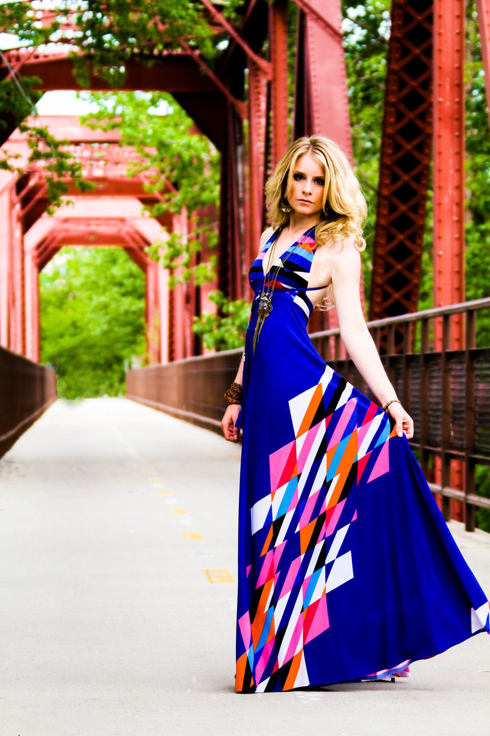 RESERVED for Wendy Jo Azure Aztec Braided Halter Jersey Glam Gown