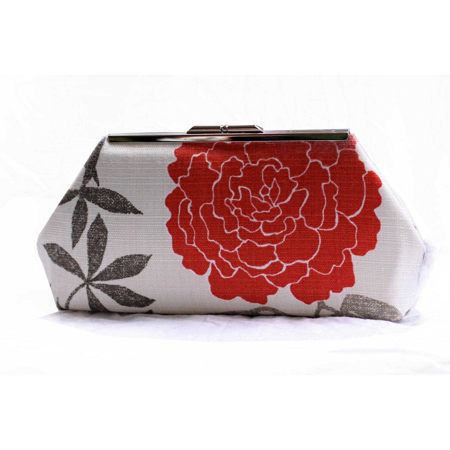 Red Peony Gray Leaves Clutch - OliverMichael