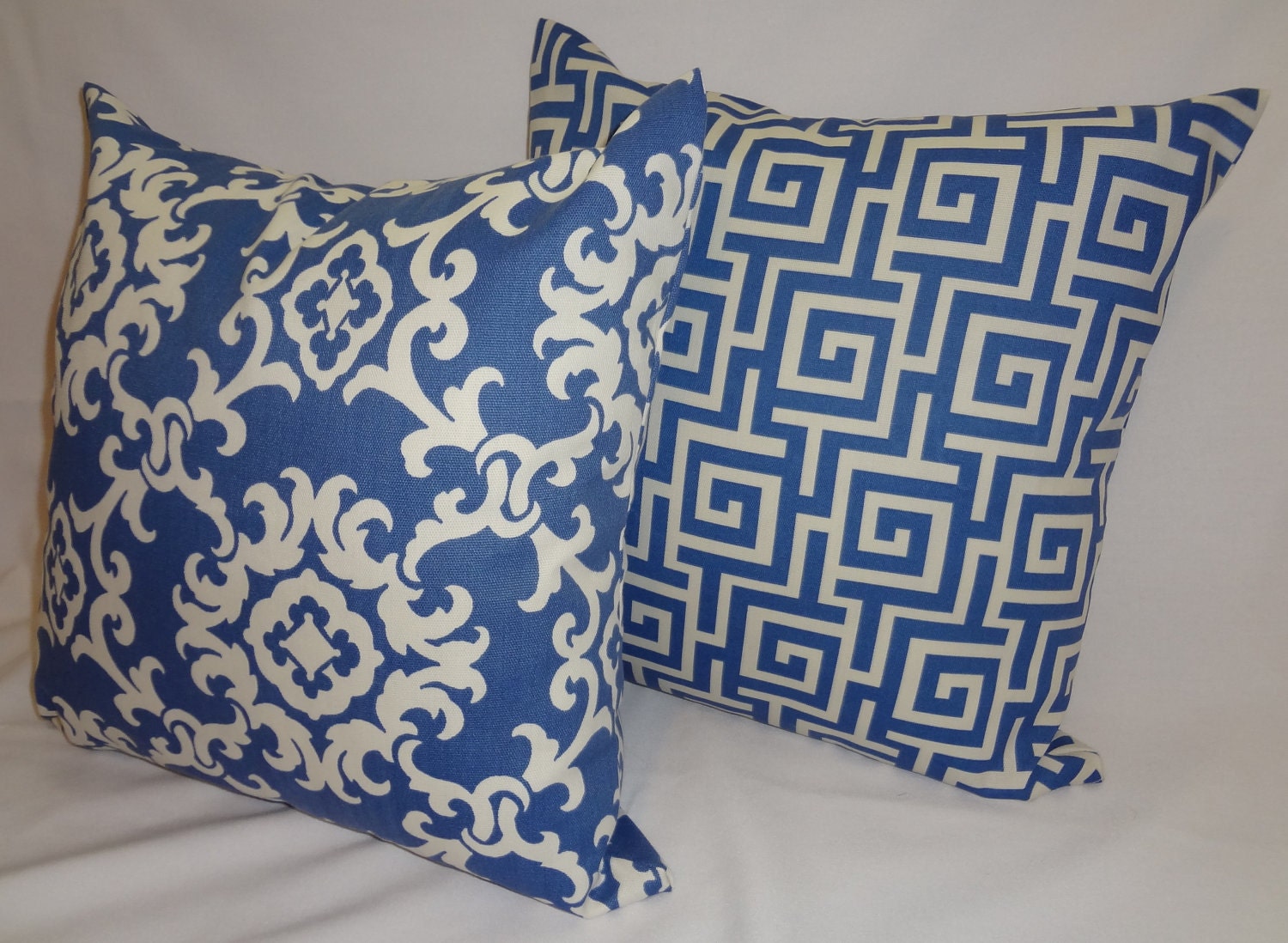 OUTDOOR Two Blue & White Print Geometric Outdoor Pillow Cushion Covers Porch Decorative Pillows