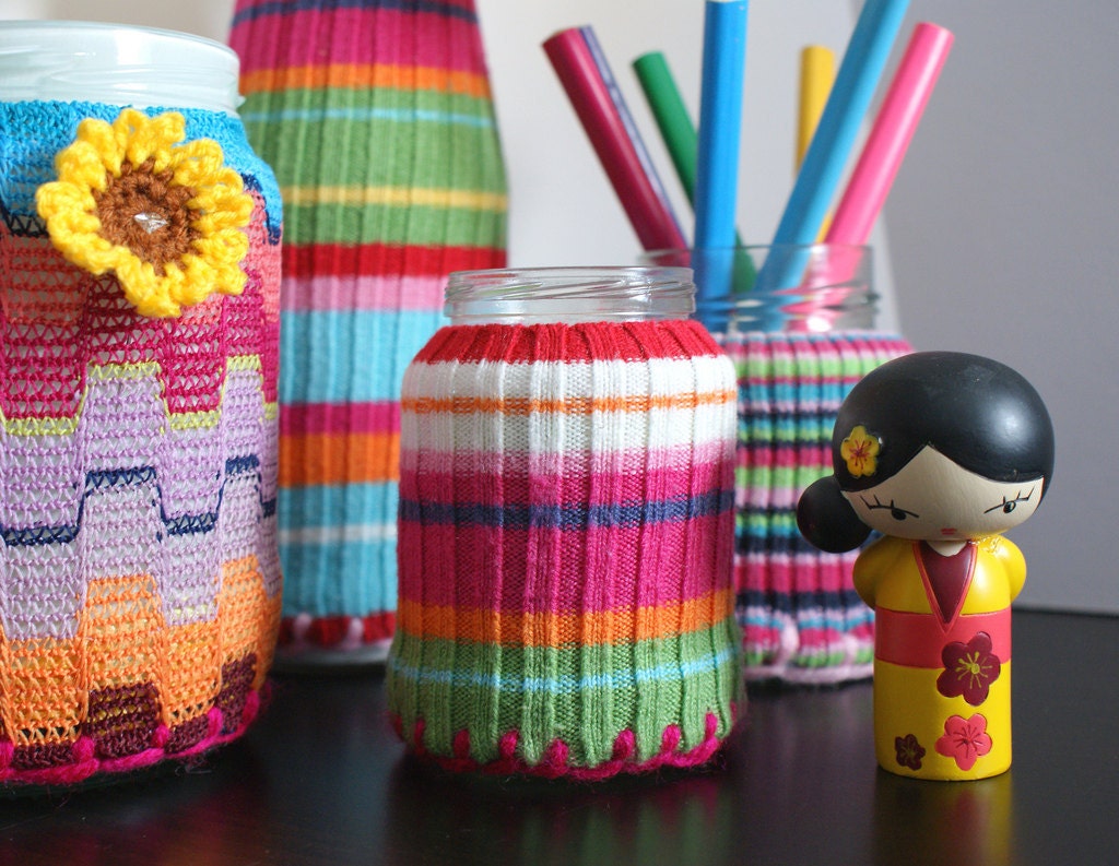 SET of 2 Upcycled Eco knit fairisle, cable jamjar/bottle cozy, winter brights turquoise cerise mustard jade teal red