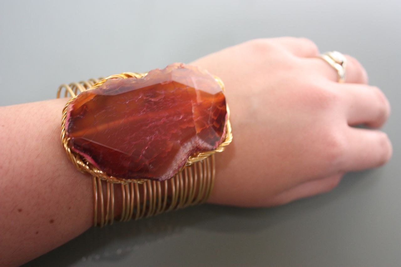 Agate Quartz Stone on Gold Copper Wire Wrapped Cuff Bracelet