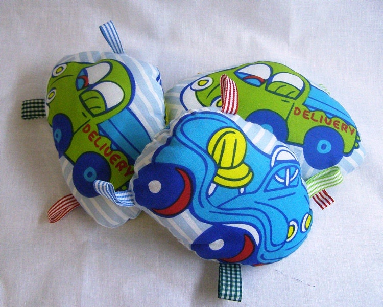 Tags Toy for Baby - Bell inside - Cotton Fabric - Blue Car Print