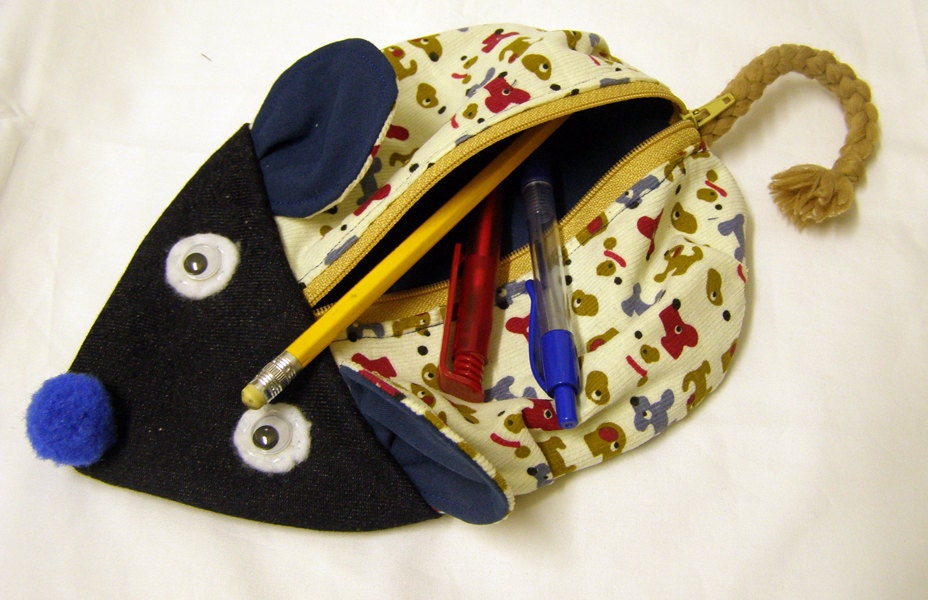 Zipper Pencil Case - Mouse Bag - Puppies print fabric and Jeans - Back to School