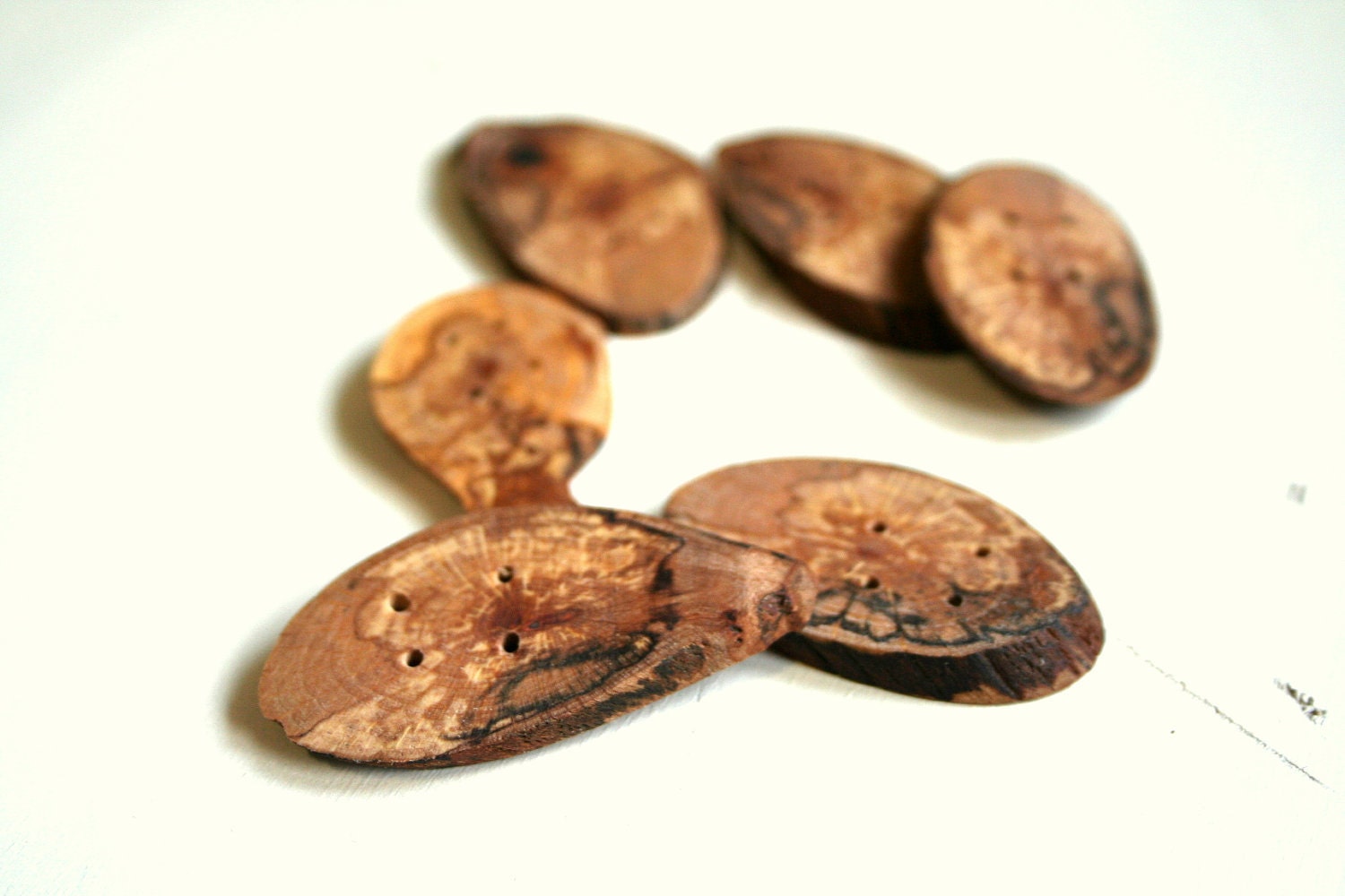 Oval buttons, wood buttons, small/medium size - set of 6 - 4 holes, craft, fiber, yarn projects, hats, bags, scarfs