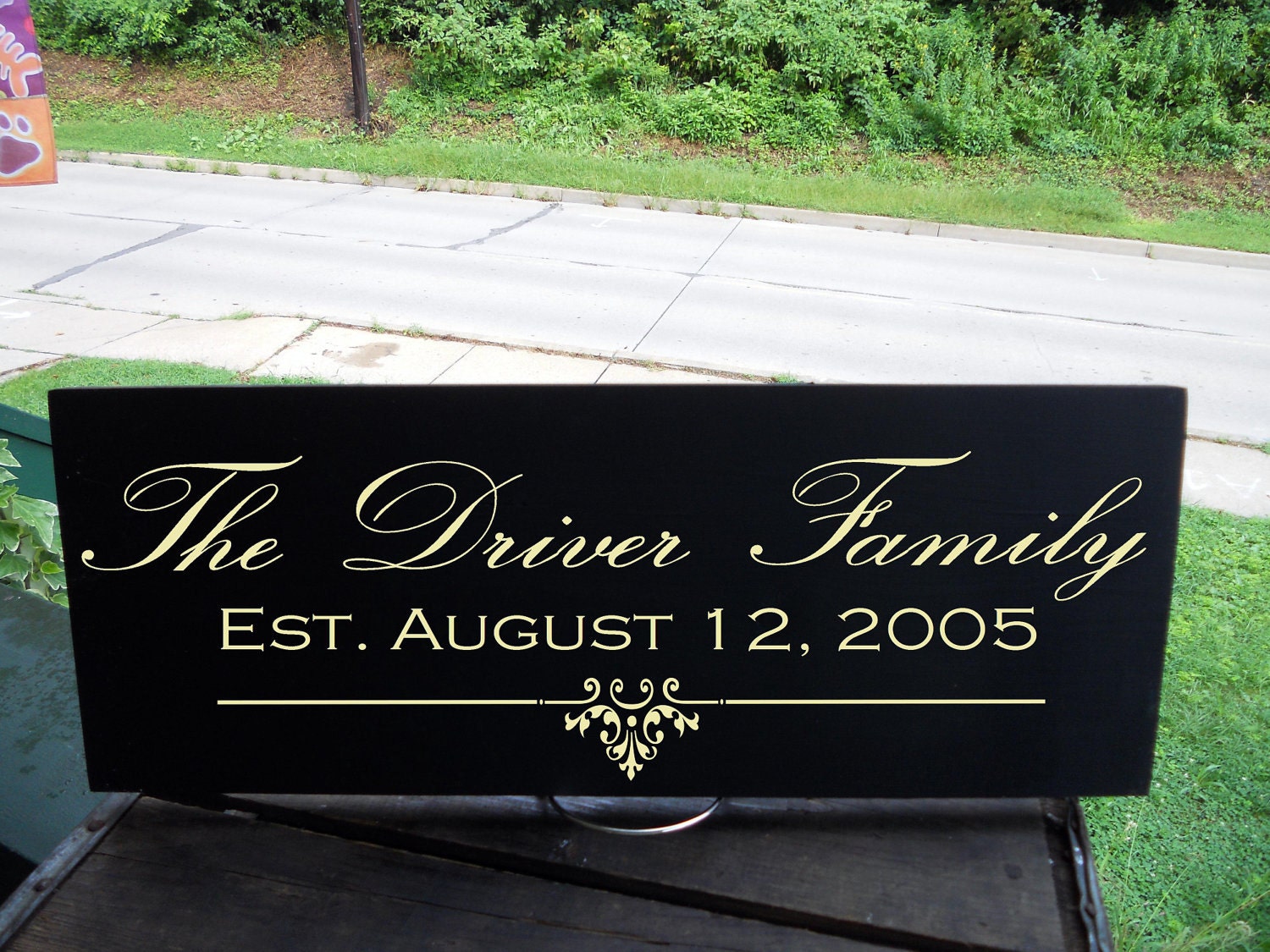 Last Name plus Est. Date Sign With Decorative Detail Sign  7.5x19" In Your Choice of Colors, Perfect for A Wedding Gift