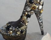 Gold, Black, Vintage Button, Mirror, Chain, (Custom Heels)