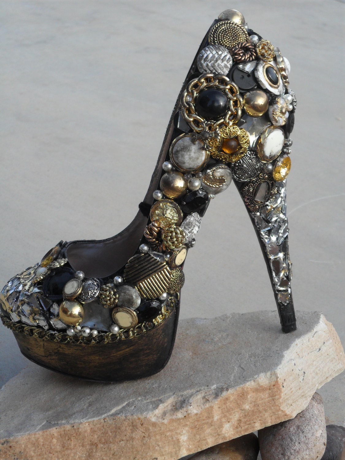 Gold, Black, Vintage Button, Mirror, Chain, (Custom Heels)