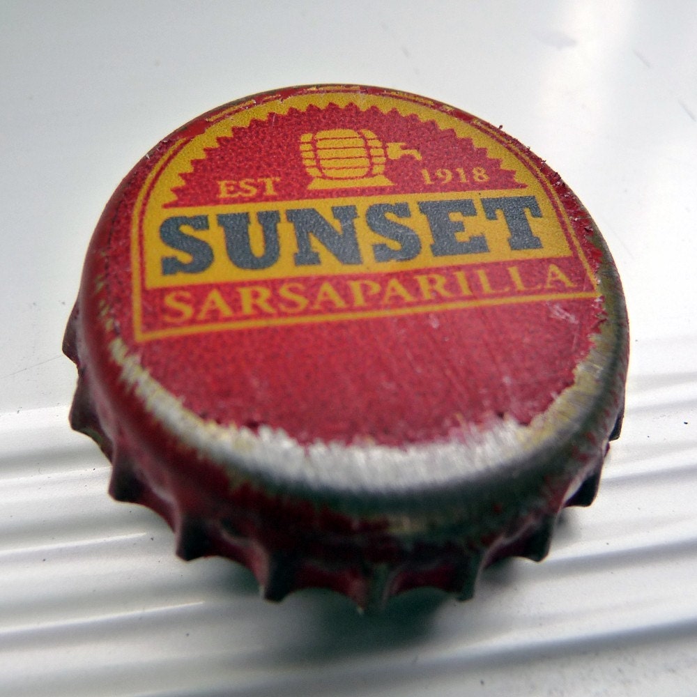 Sunset Sarsaparilla Bottle Cap Badge RESERVED LISTING for BunnyJump