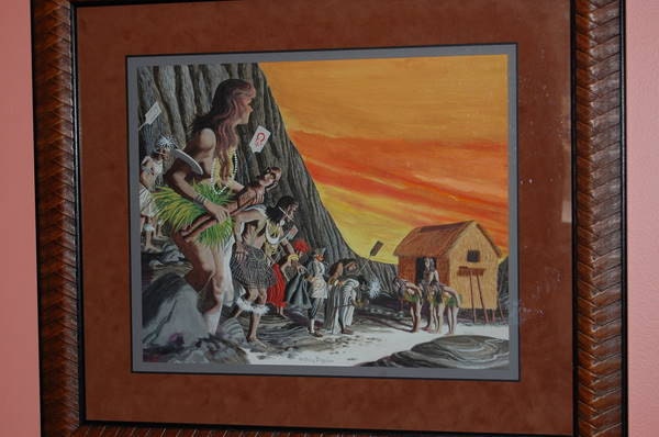 Vintage 1940s Illustration Art by Geoffrey Biggs Easter Island Framed Painting Tiki Natives from American Weekly Magazine