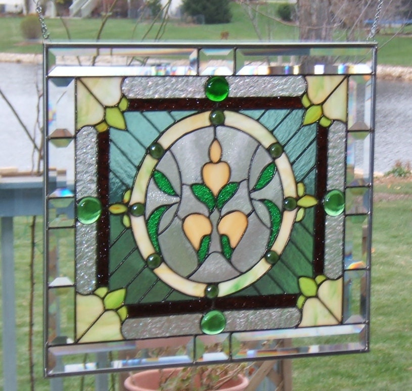 Beveled stained glass panel window Victorian green stained glass window panel window hanging