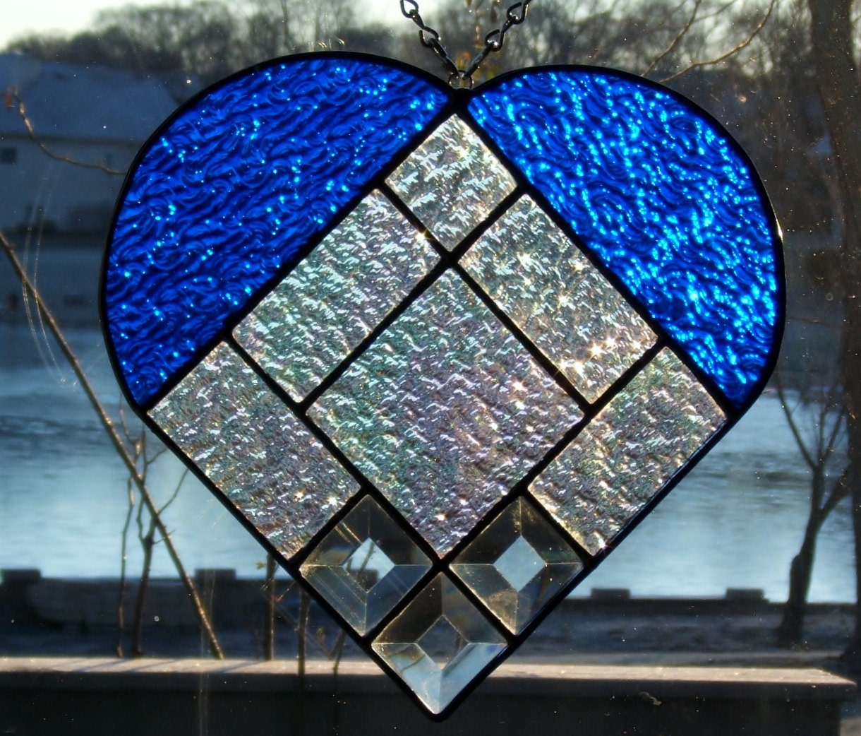 Stained glass heart blue stained glass panel window stained glass window panel window hanging suncatcher
