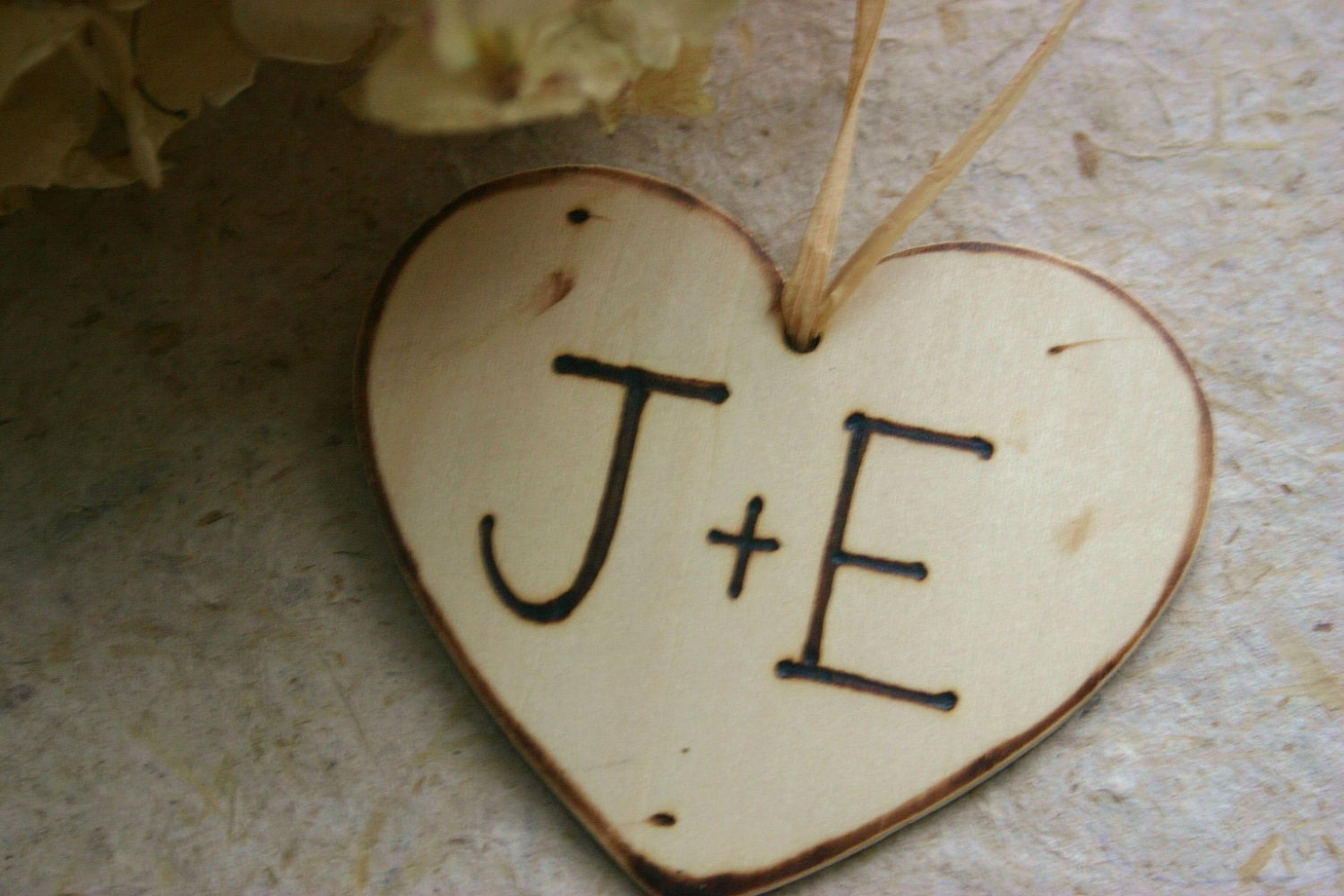 Personalized Charm Tag with Carved Initials on a Wood Heart - Rustic Christmas Ornament Wedding Favor or decoration