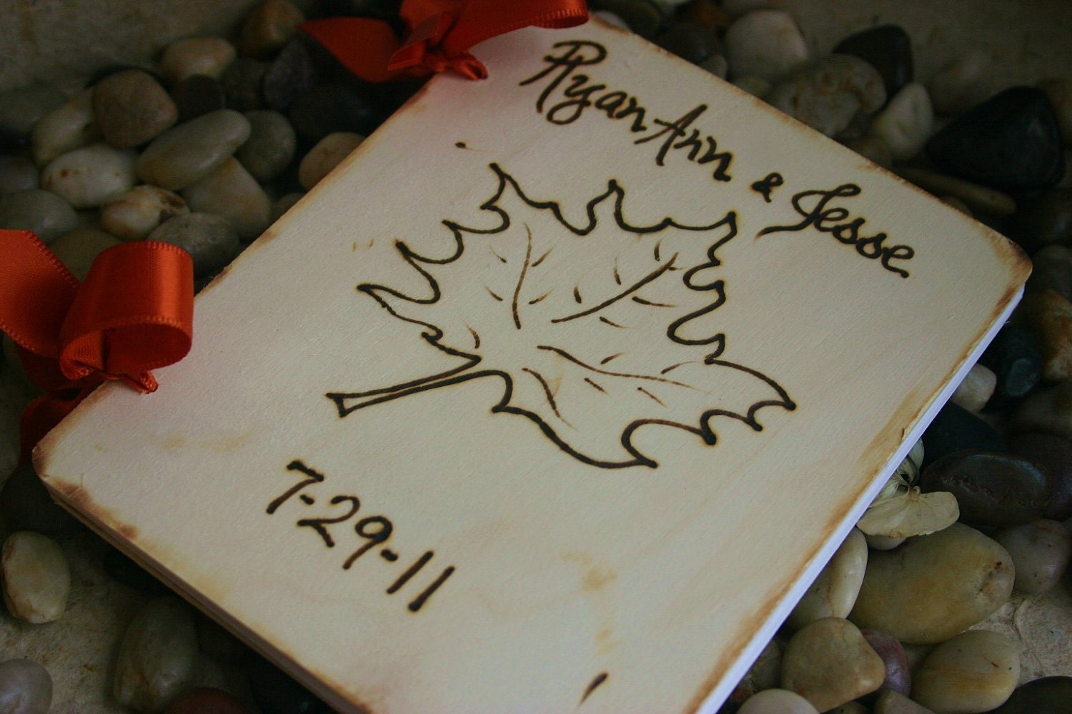 Rustic Custom Wedding Guest Book Wood Journal Maple Leaf Perfect for Fall Natural Eco Friendly Vermont Personalized Couples Names and Date