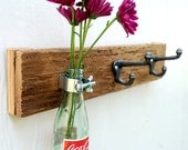 BOTTLE TRIO rustic vase and hook coat rack, organizer for your kitchen, bathroom, entry with soda, pop, coke, pepsi, beer bottle