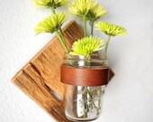 DIAMOND Rustic mason jar sconce made from weathered and reclaimed wood fence picket, leather and mason jar for your fresh summer flowers