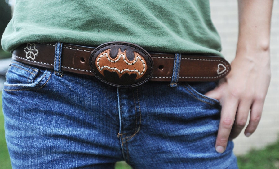 Brown leather and hemp Batman logo belt buckle, hand-tooled