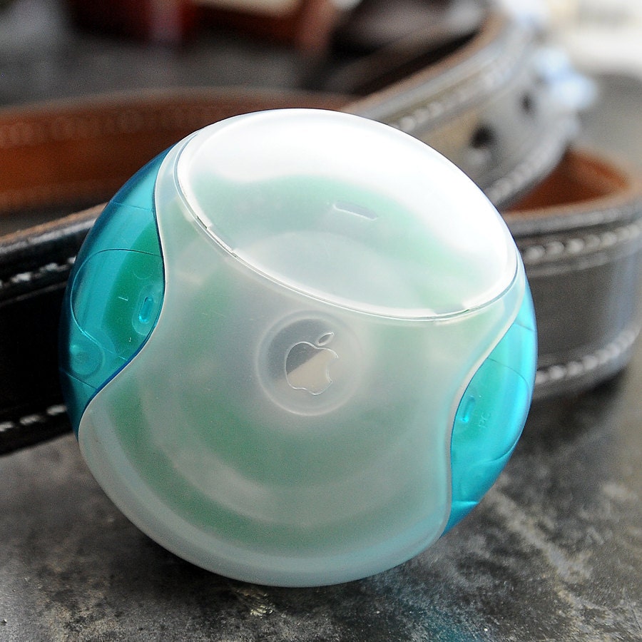 Retro Mac puck mouse belt buckle, Bondi Blue, upcycled for the techie in your life