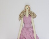 Handmade fabric doll Tilda style-lovely cloth doll in pink lilac embroidered  dress,blonde-gift  for girls,gift idea for summer birthday