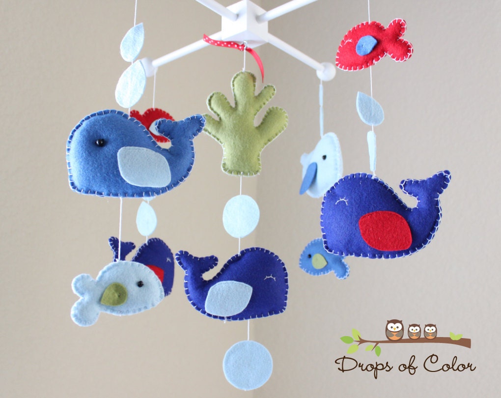Baby Mobile - Baby Crib Mobile - Jackson Whale Nursery Mobile - Blue and Red Whales and Fish (You Can Pick Your Colors)