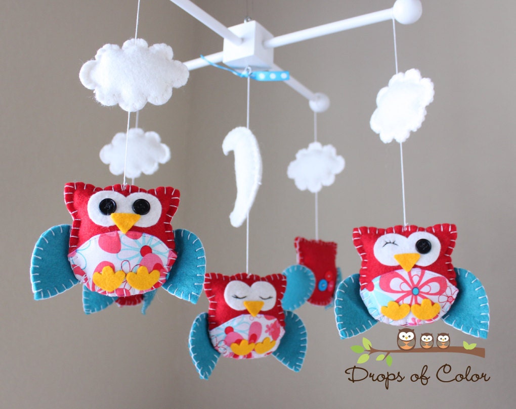 Baby Crib Mobile - Baby Mobile - Nursery Owl Mobile - Crib Mobile "Owls in the Clouds"(You can pick your colors & Fabric)