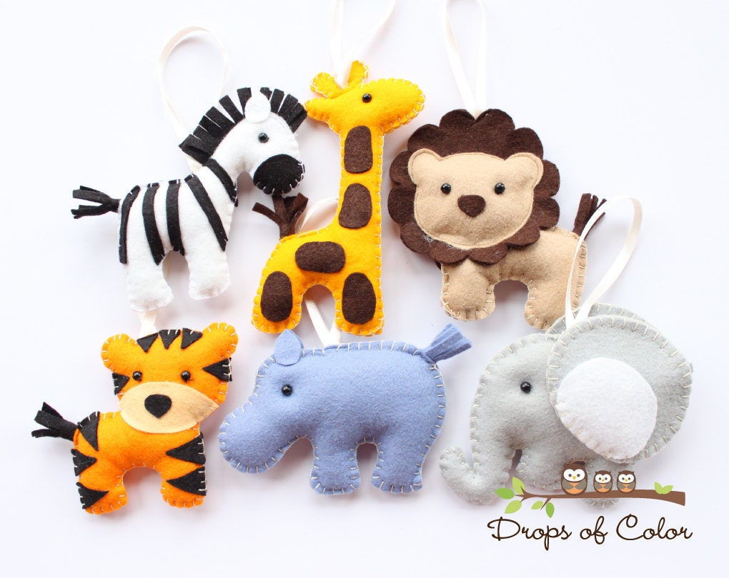One Felt Plush Toy Jungle Theme - Safari Ornaments - Lion, Zebra, Elephant, Tiger, Giraffe / Party or Baby Shower Favor - Nursery Decoration