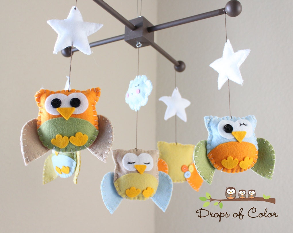 Baby Crib Mobile - Baby Mobile - Owl Mobile - Nursery Neutral Decor "Five little owls in the night" (You can pick your colors)