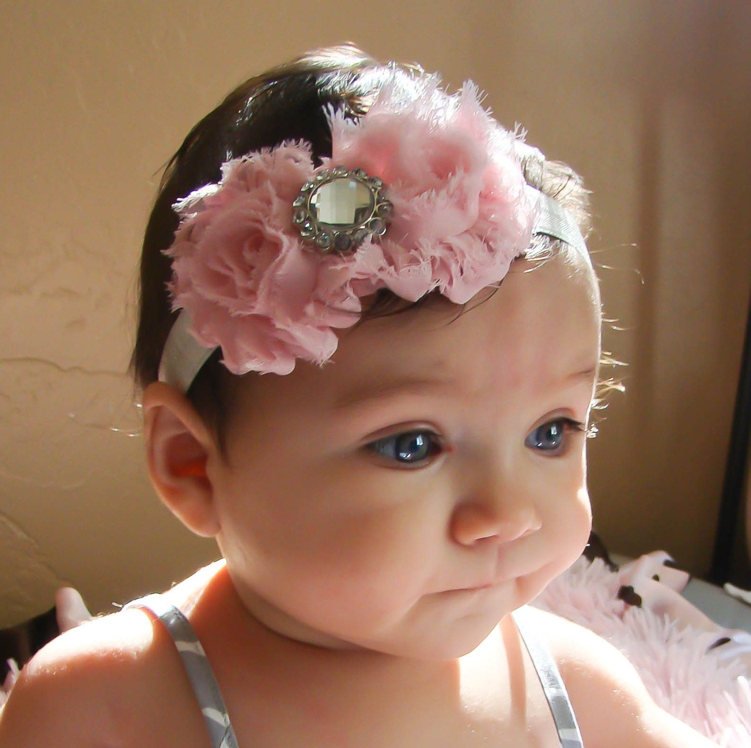 Pink Baby Headband, baby girl headband,Newborn Headband, shabby chic flower headband, christening headband,baptism headband. - WinterScarlett