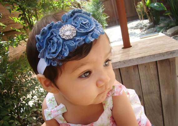 20% off entire order...Denim rosette rhinestone flower on white headband, baby headbands, newborn headbands, infant, toddler, adult