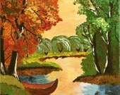 Autumn original art, Forest original landscape, River boat, Woodland Trees under sunset, orange sunset Water reflection art 12 x 16"