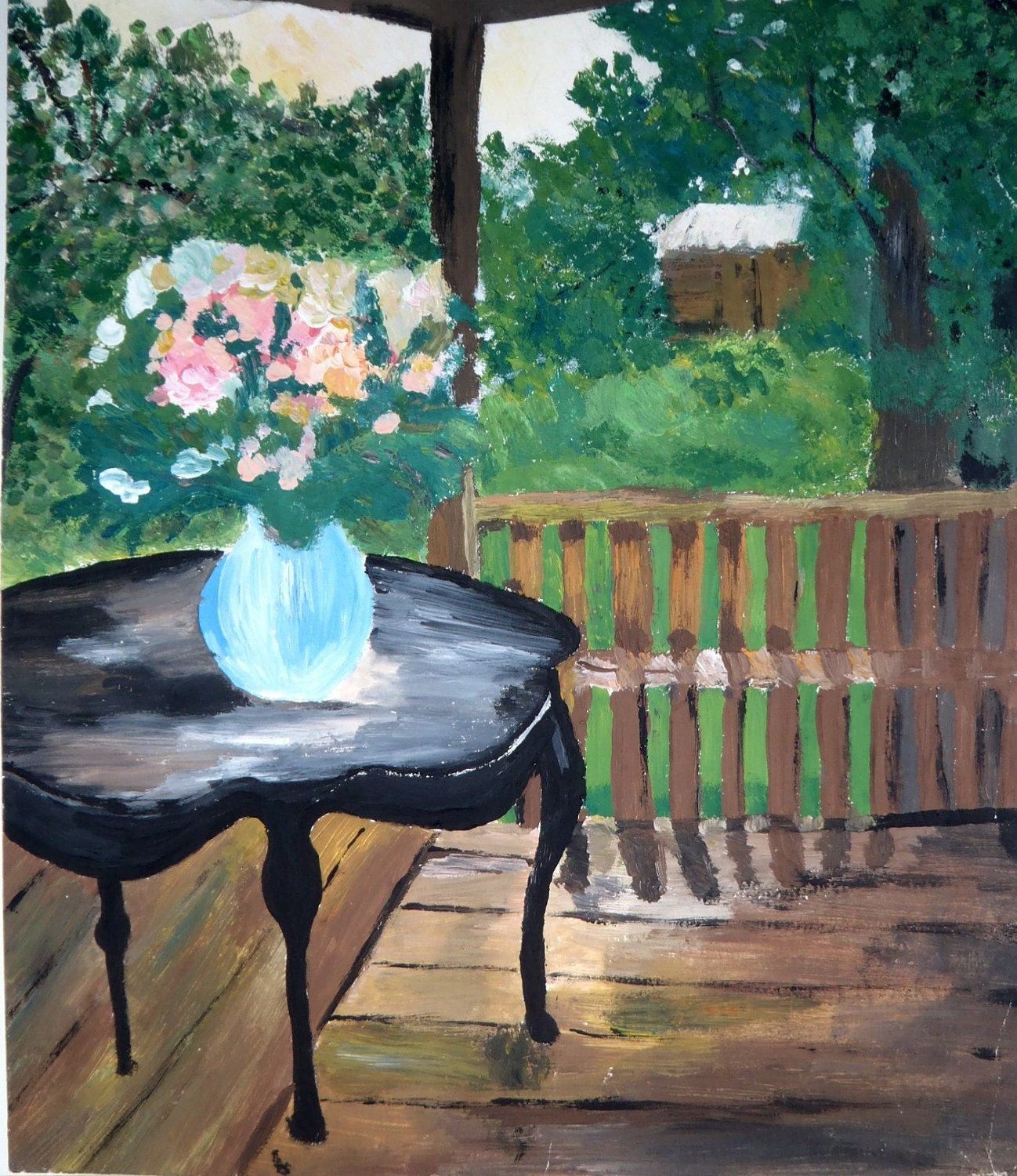 Landscape Art Print, pink peonies print, romantic black table, porch, print from 1998 artwork, natural wood still life fine art print