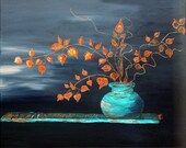 Fine Art print, Ash grey, Fall colors, one of a kind, Harvest Colors, Teal, Bright Orange, Blue, Green, Turquoise vase, 8 x 12'' - Fall