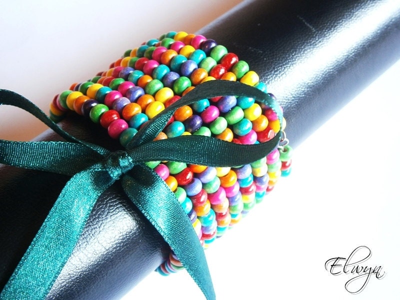 Colorful Bracelet - Wooden, Multi Color Beaded, Memory Wire Bracelet