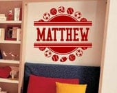 Sports Balls Wall Decal Frame With Custom Name Decal - Football Baseball Soccer Basketball Varsity Wall Art Decal