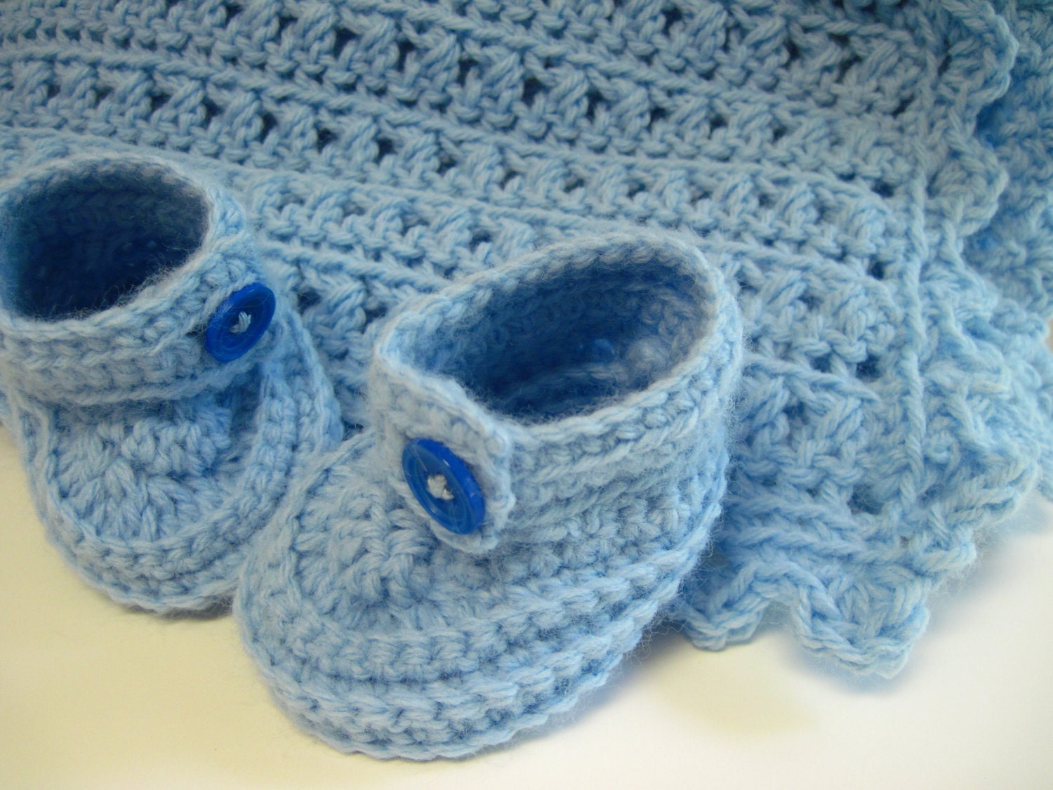 Crochet Baby Blue Blanket Afghan and Booties - Soft Blue for Baby Boy