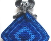 Crochet Granny Square Security Blanket for Baby - Elephant with Light Blue/Dark Blue Square