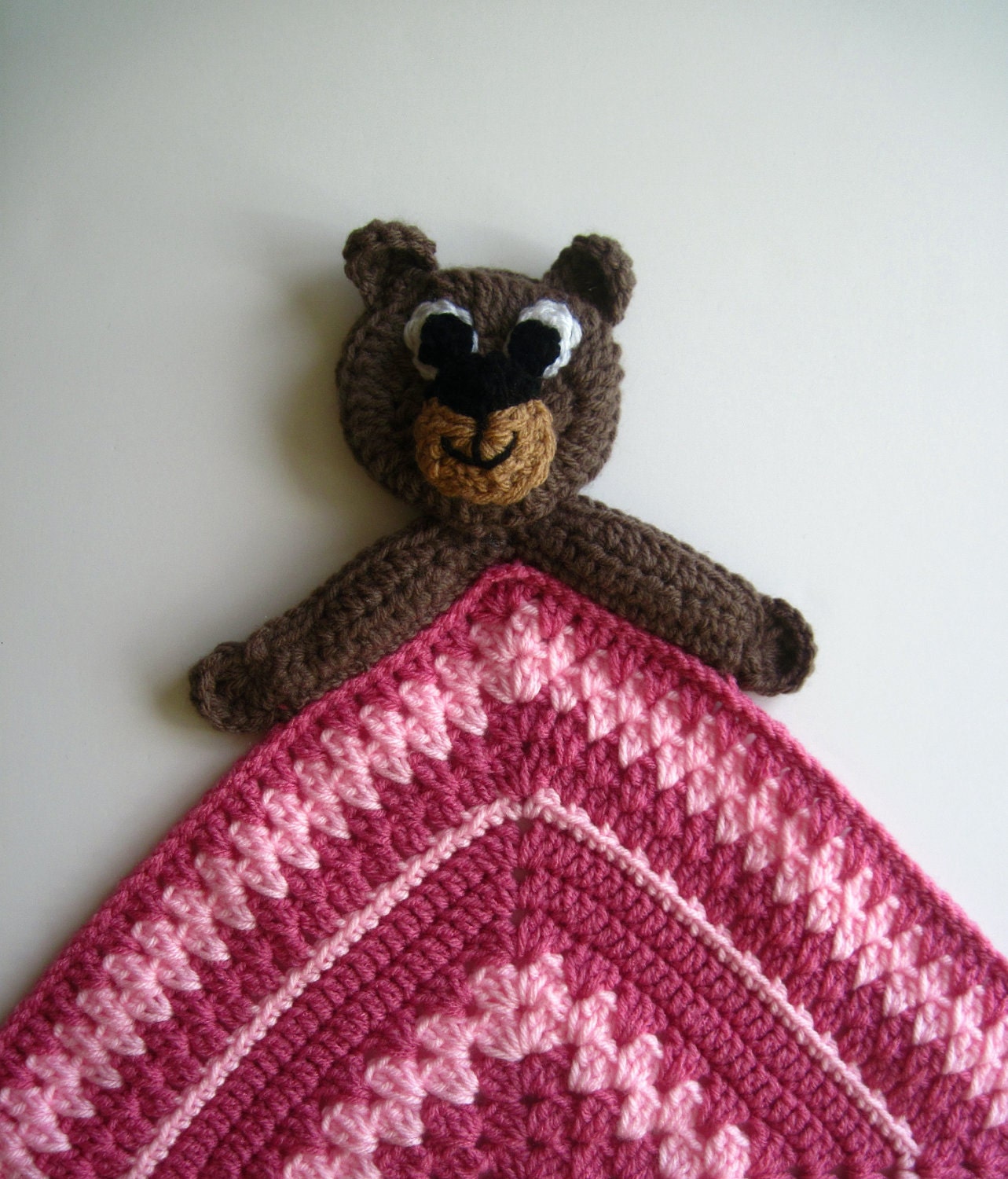 Crochet Granny Square Baby Security Blanket - Teddy Bear with Baby Pink and Rose Square