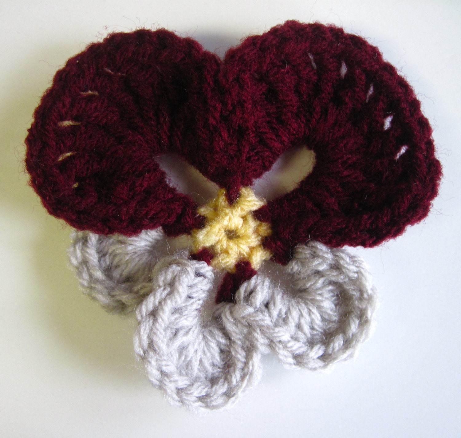 4 Pansy Crochet Flowers - Burgundy and Ecru Off White Pansies In Worsted Weight Yarn - Set of 4 Embellishment Appliques