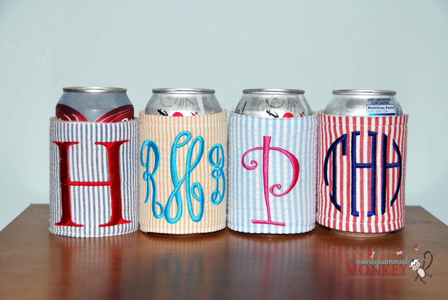 Custom Boutique Seersucker Personalized Monogrammed Insulated Drink Can Koozie Cozy Coozie Drink Hugger Drink Huggie Coosie Koosie