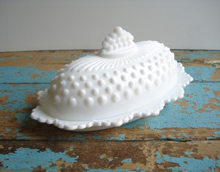 Vintage Fenton Milk Glass Hobnail Butter Dish