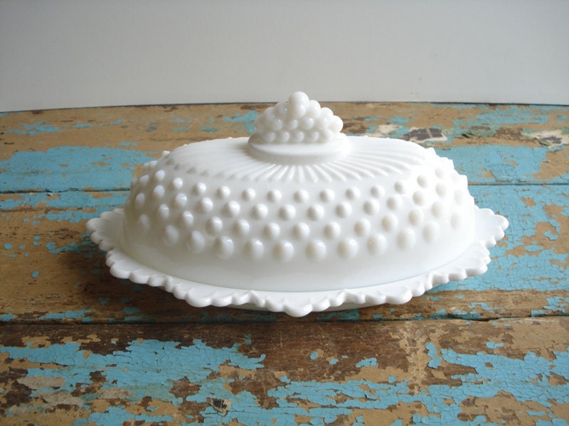 Vintage Fenton Milk Glass Hobnail Butter Dish