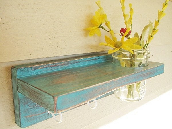 Distressed wood Keyholder / Shelf, home decor, shabby chic decor, turquoise,  shelves