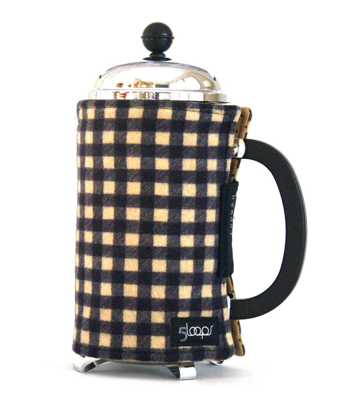 French Press Coffee Cozy -Tan & Black Plaid Flannel