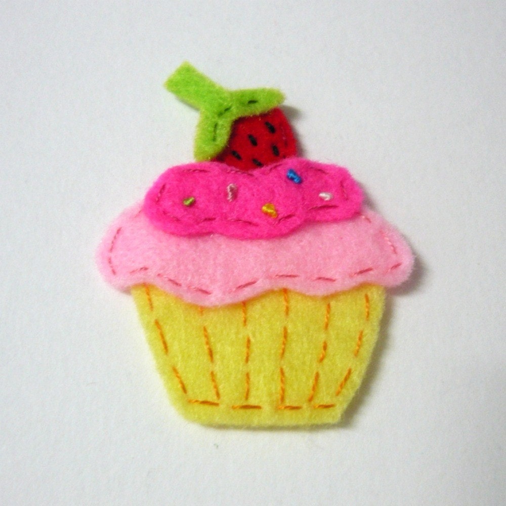 1pc - Pink Strawberry Cupcake Felt Applique - 51x44mm - made to order
