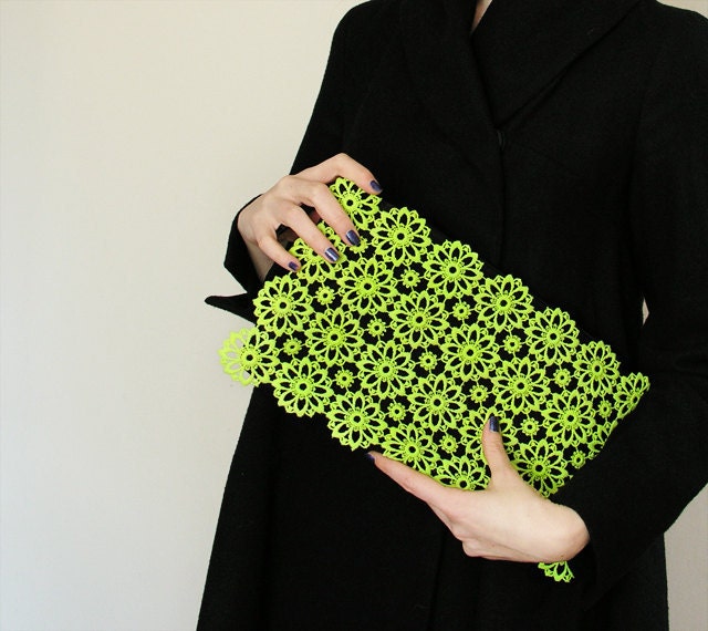 Clutch lime lace - large black, neon, vintage upcycled, large purse, hand painted accessory OOAK