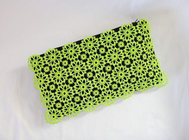 Clutch lime lace - large black, neon, vintage upcycled, large purse, hand painted accessory OOAK