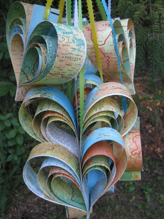 10 Vintage Map Hearts, In Rainbow Colors.  Wedding, Shower, Birthday, Decoration. Any Color Or Book Available. Custom Orders Welcome.